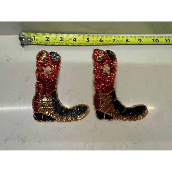 Other - Vintage Cowboy Boot Red, Blue Gold Sequin Beaded Patch Appliqué